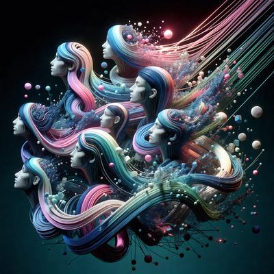 The image features a group of five women with long hair, each with a distinct color. They are all wearing pink hair, and their hair is styled in a way that resembles a waterfall. The women are positioned in a circle, with each woman's hair flowing in a different direction. The scene is set against a blue background, which adds to the overall mood of the image. The visual style of the image is digital art, with the women's hair and the blue background being the main focus
